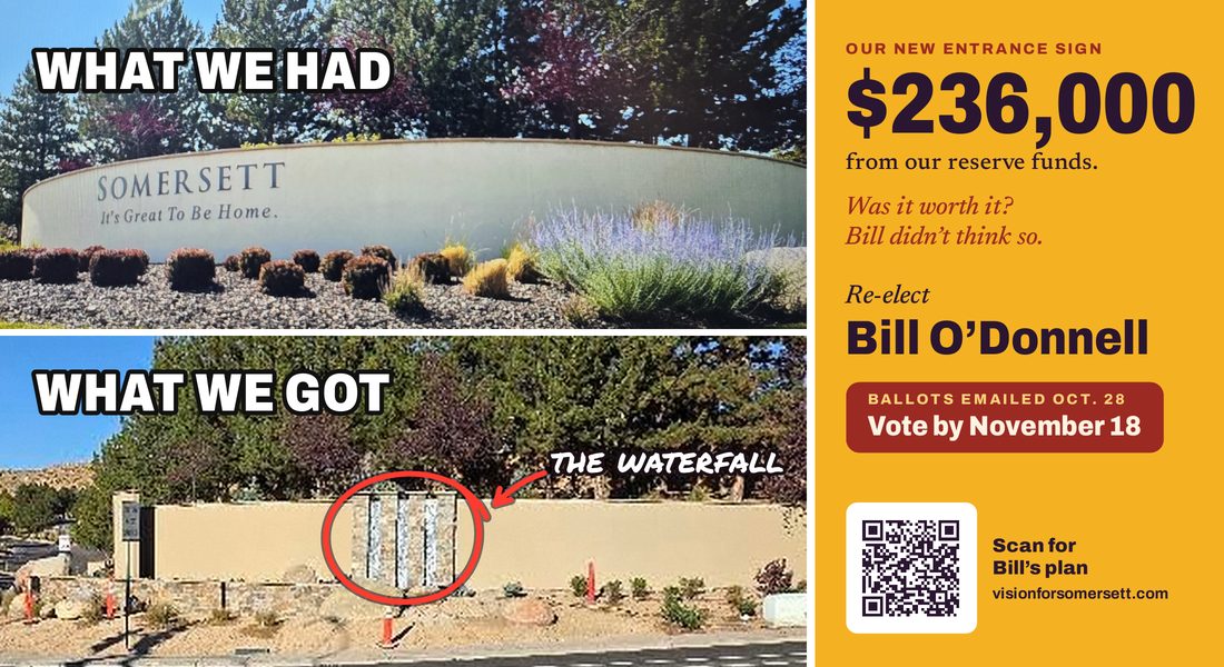 Postcard front. Two photos of the Somersett entrance. What we had: the old curved sign reading Somersett, It’s Great To Be Home. What we got: a flat tan wall with a small waterfall, circled. Our new entrance sign: $236,000 from our reserve funds. Was it worth it? Bill didn’t think so. Re-elect Bill O’Donnell. Ballots emailed Oct. 28. Vote by November 18.